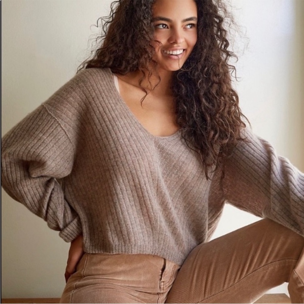 Free People Cashmere Elias V Neck Sweater Taupe‎ Brown Women Sz Large